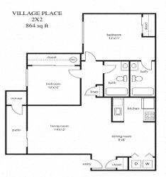 Floor plan for 2 beds, 2 baths, 864 sqft